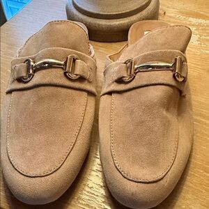 Steve Madden Tan Suede Mules with Gold Accent Buckle Size 6